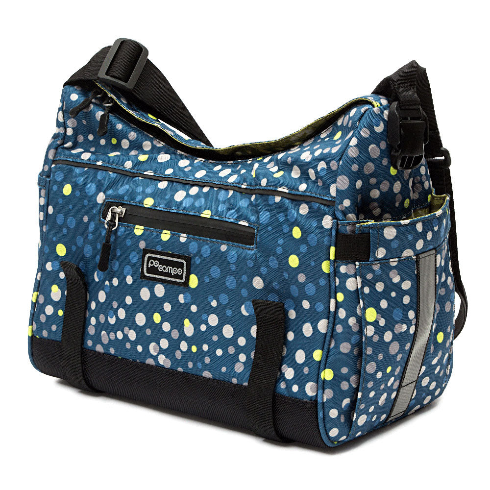 Blue polka dot Bubbles trunk bag with black straps on a white background