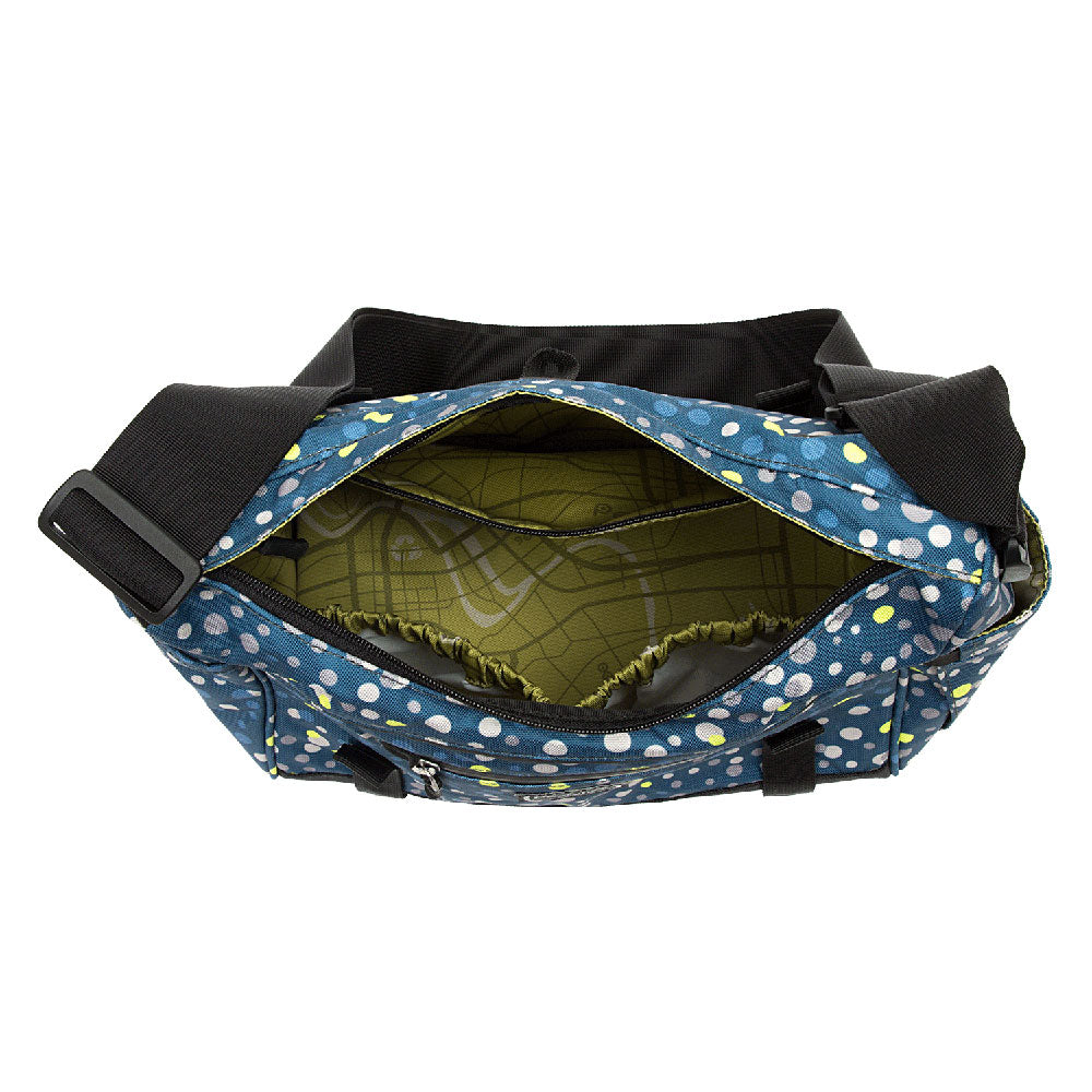 Po Campo Katy trunk bag with blue pattern on a white background