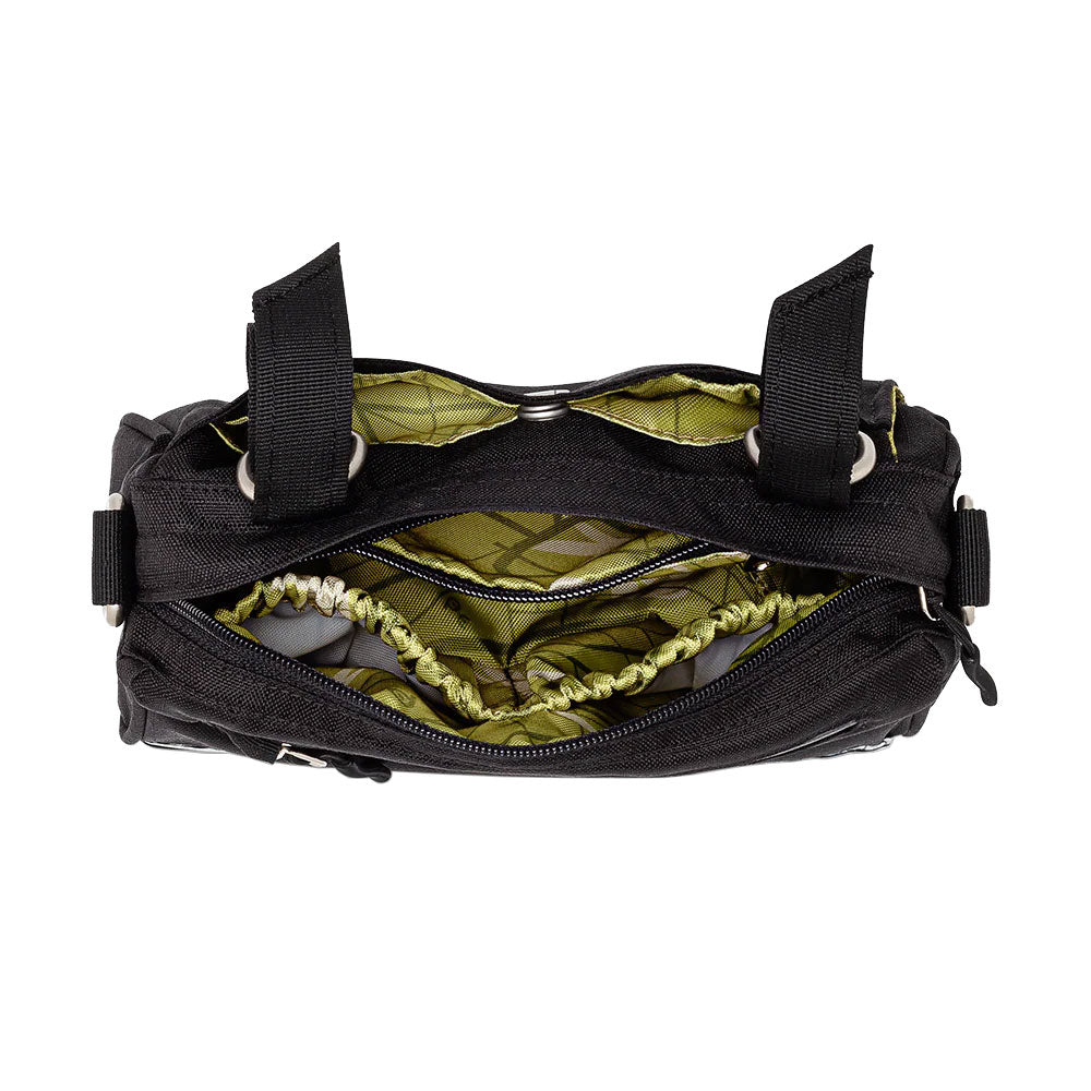 Black handlebar  bag with green interior on a white background