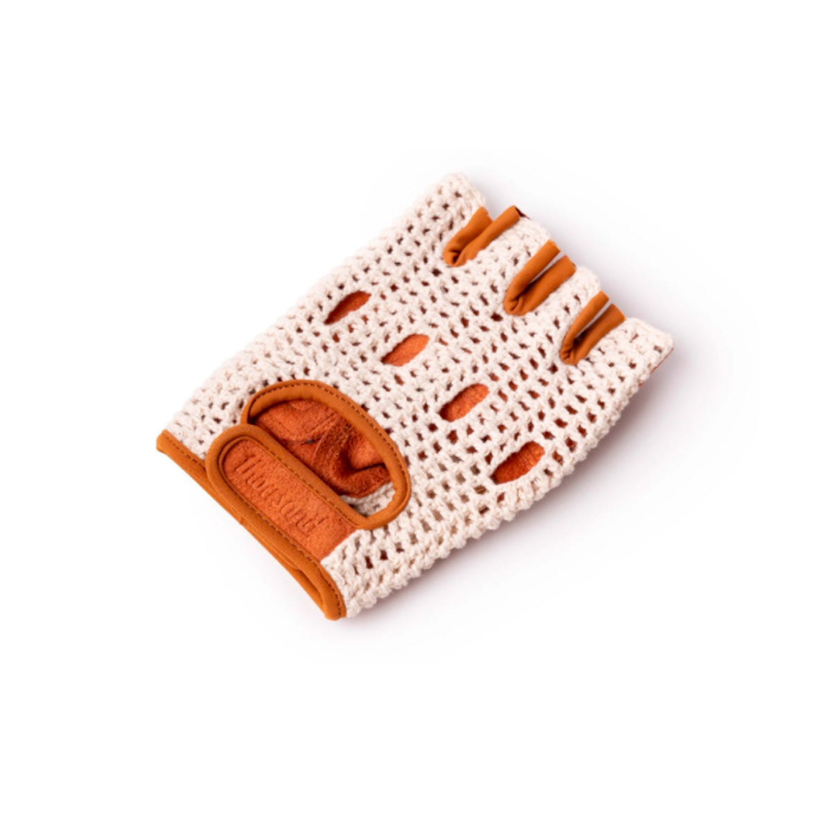 Beige fingerless glove with brown leather accents on a white background