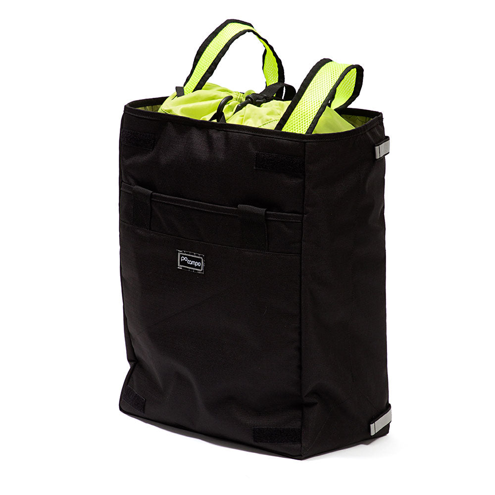 Black bike bag with a yellow interior on a white background