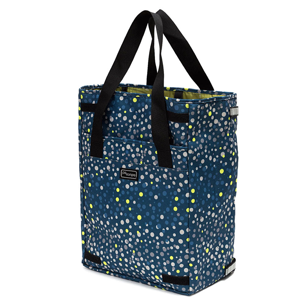 Grocery pannier with blue polka dot pattern on a white background