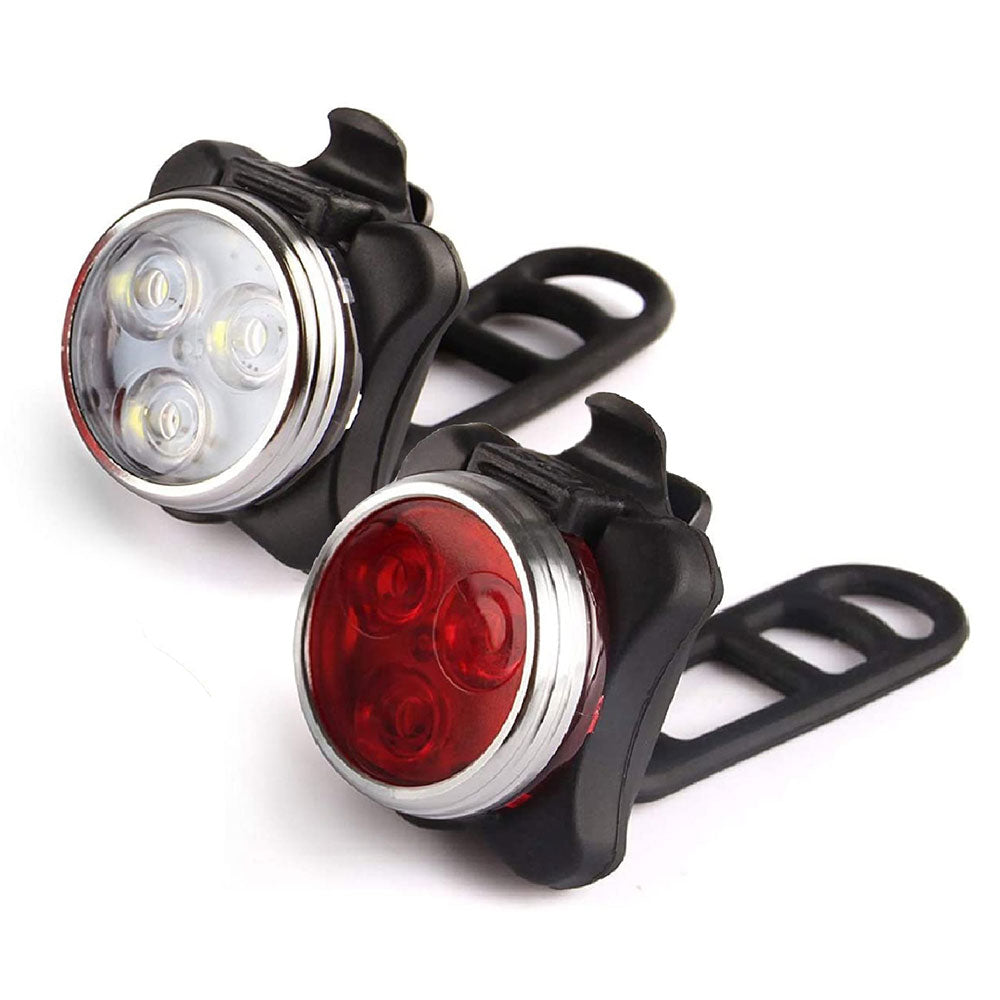Rechargeable bicycle lights with front and rear design on a white background
