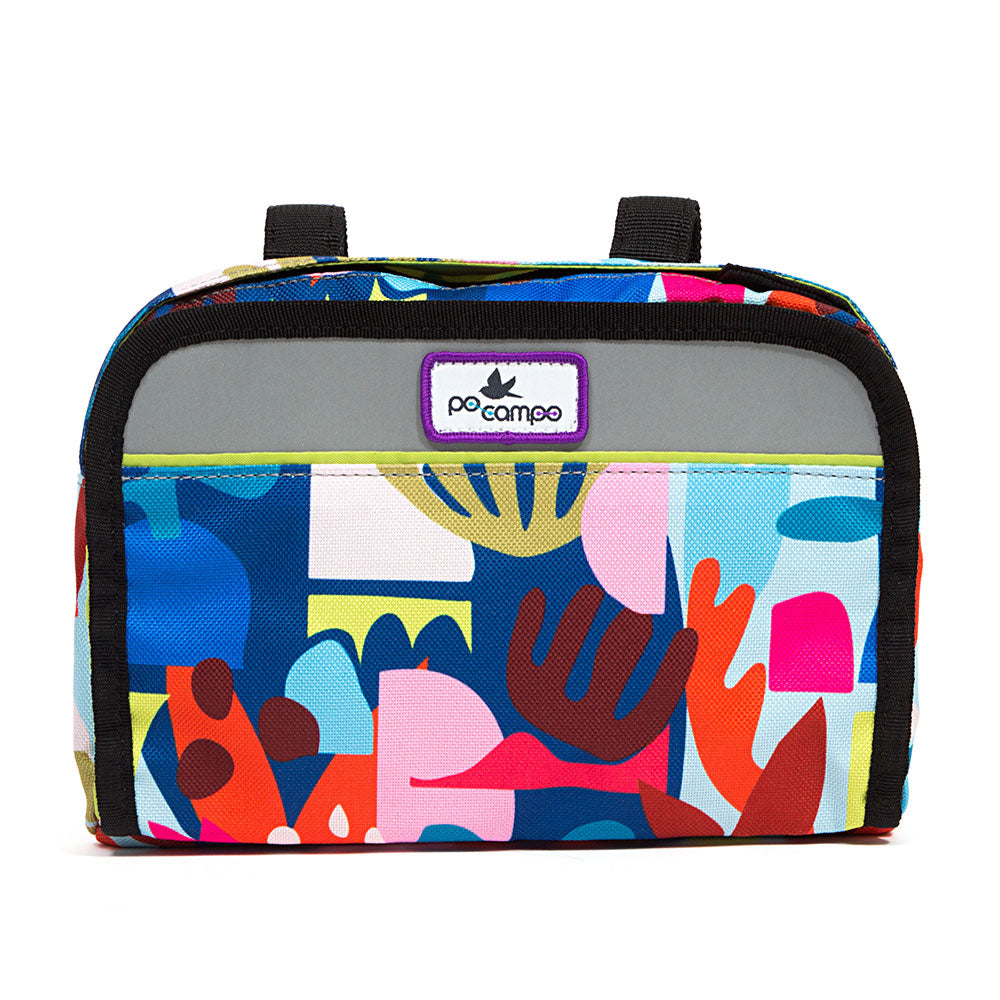 Colorful kid's handlebar bag with abstract design and visible brand logo on a white background