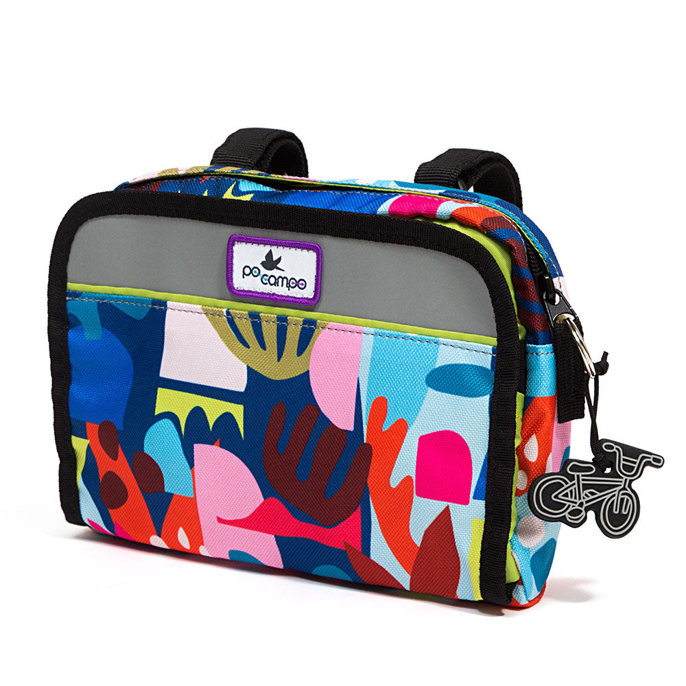 Children's colorful handlebar bag with abstract design and visible brand logo on a white background