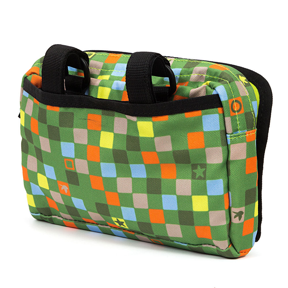 Colorful checkered handlebar bag with black straps on a white background