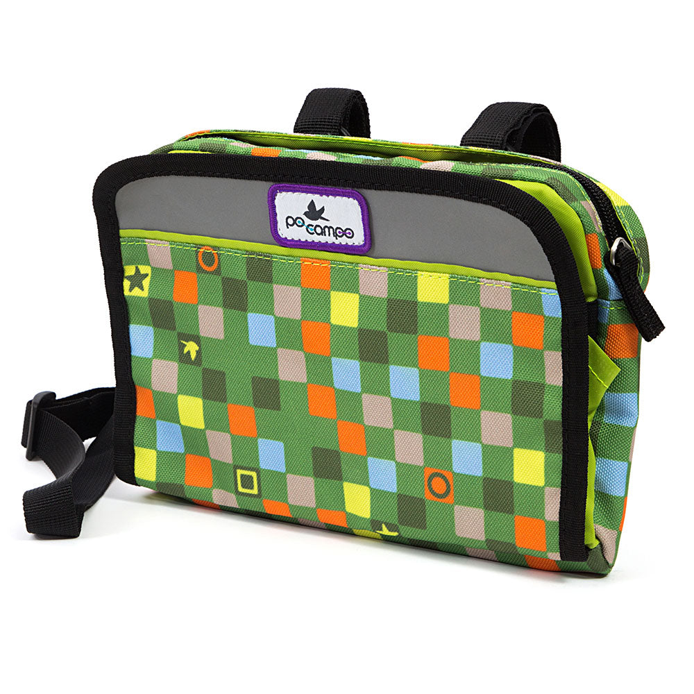 Colorful checkered handlebar bag with a Po Campo logo on a white background