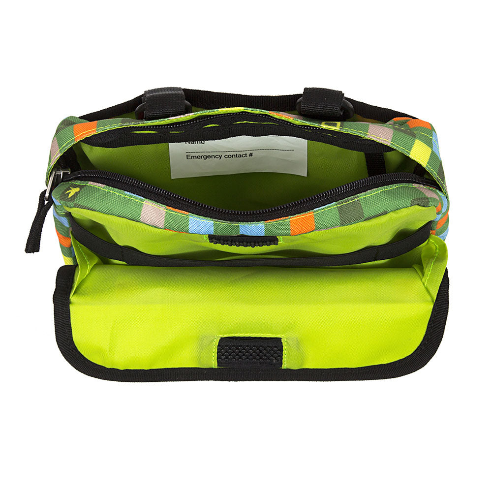 Multicolored bicycle bag with a checkered pattern on a white background