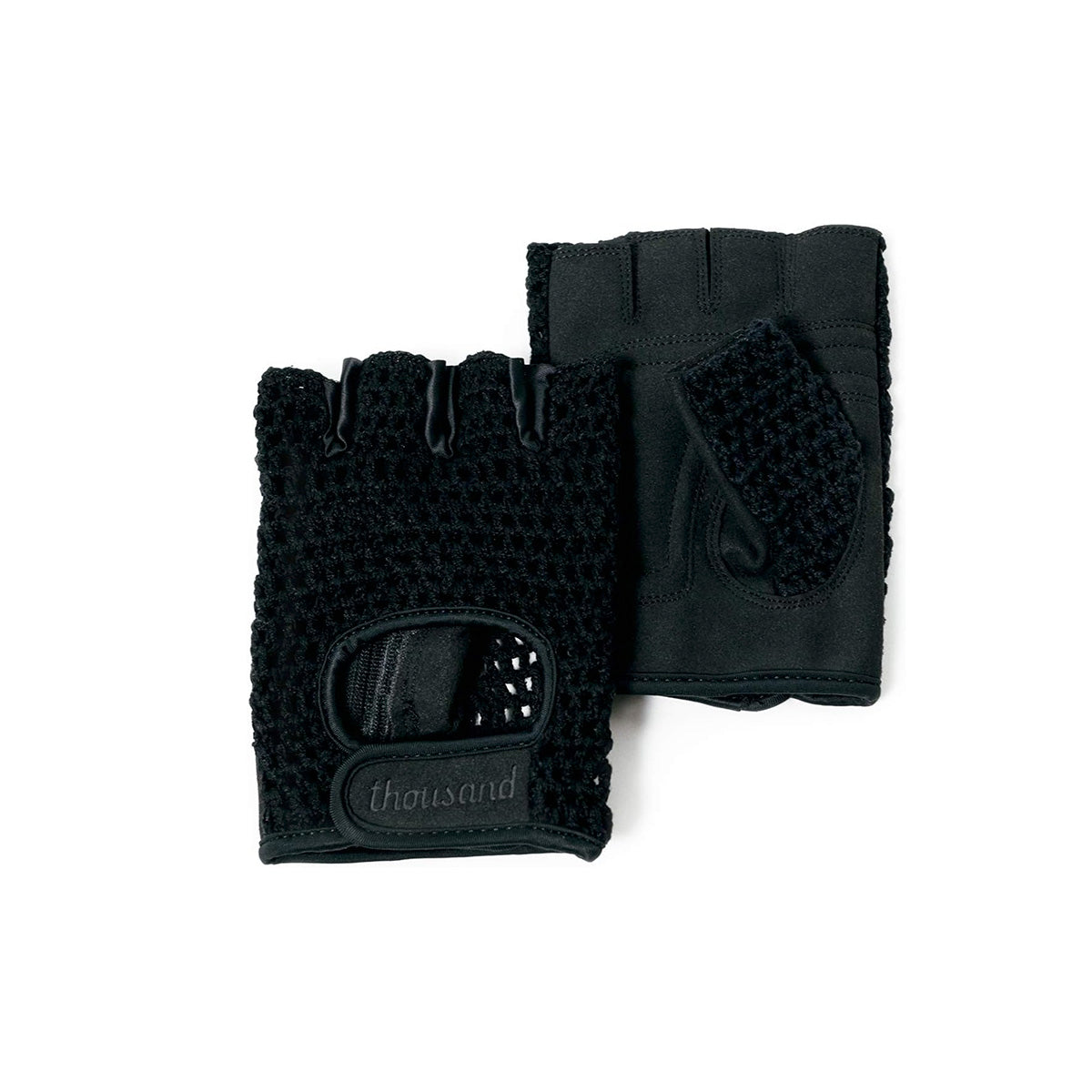 Black fingerless gloves with 'thousand' branding on a white background