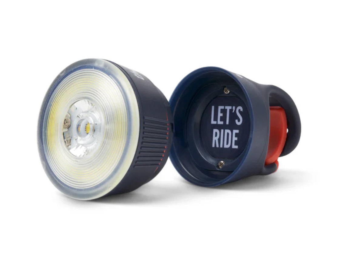 Detachable, rechargeable bicycle light on a white background, one with 'LET'S RIDE' text.