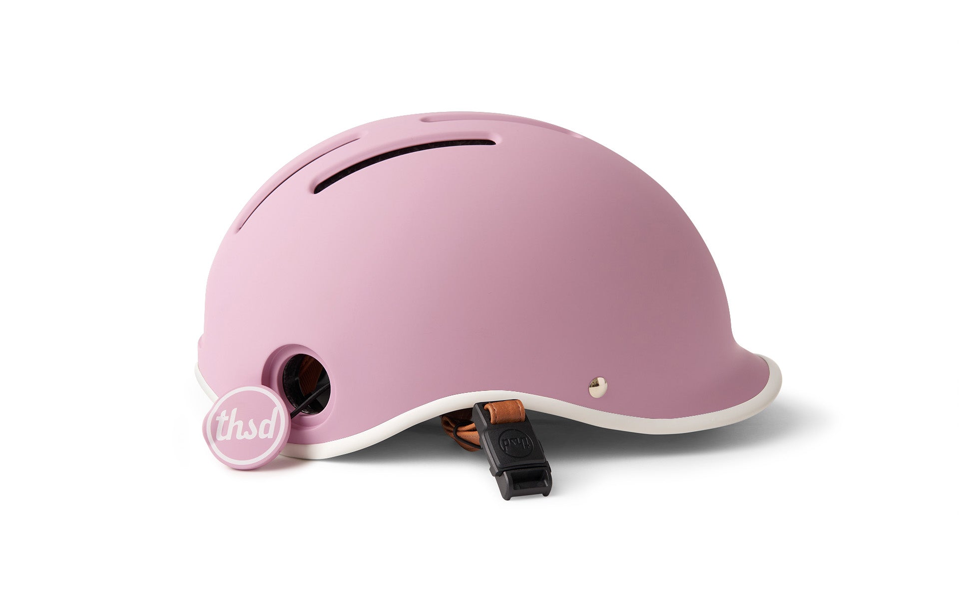 Pink helmet with a visible thsd logo on a white background