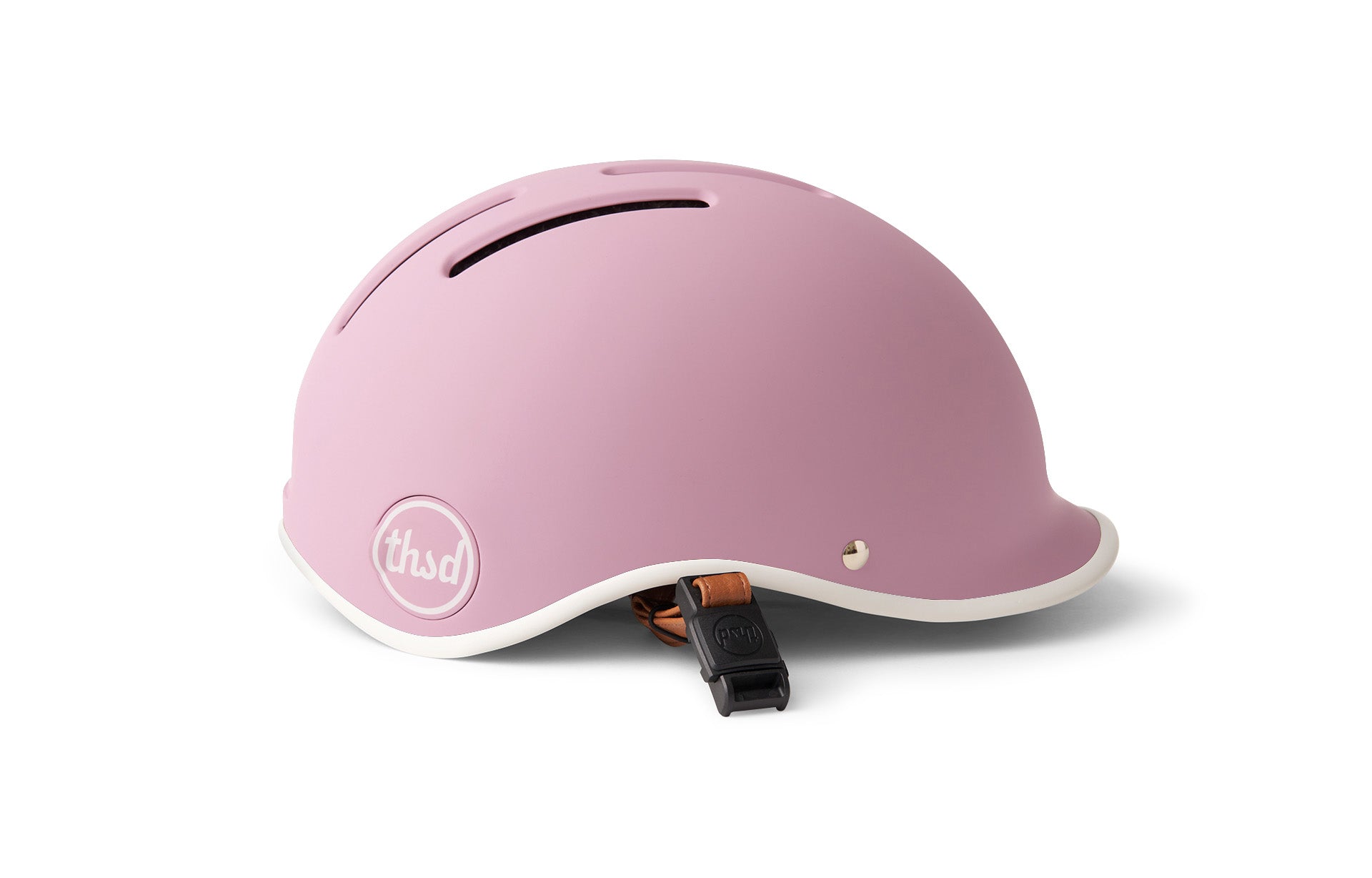 Pink helmet with a thsd logo on a white background