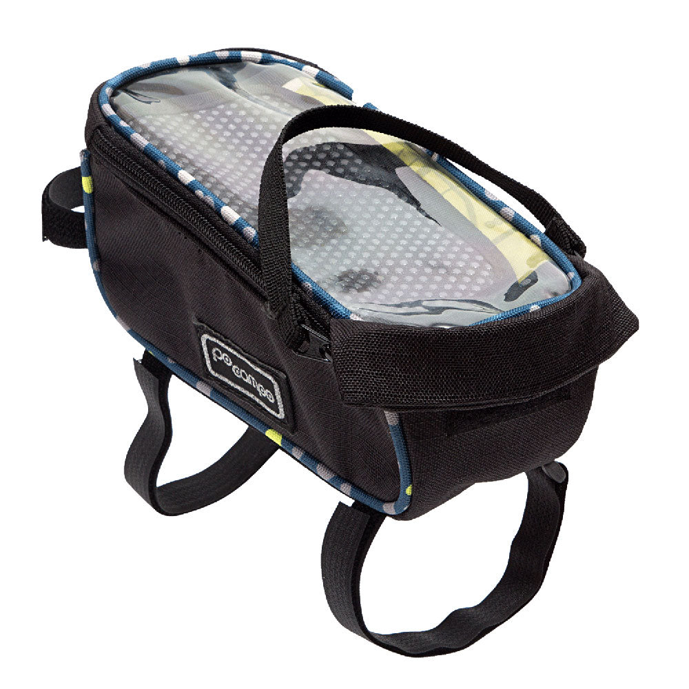 Black bike phone bag with transparent top section on a white background
