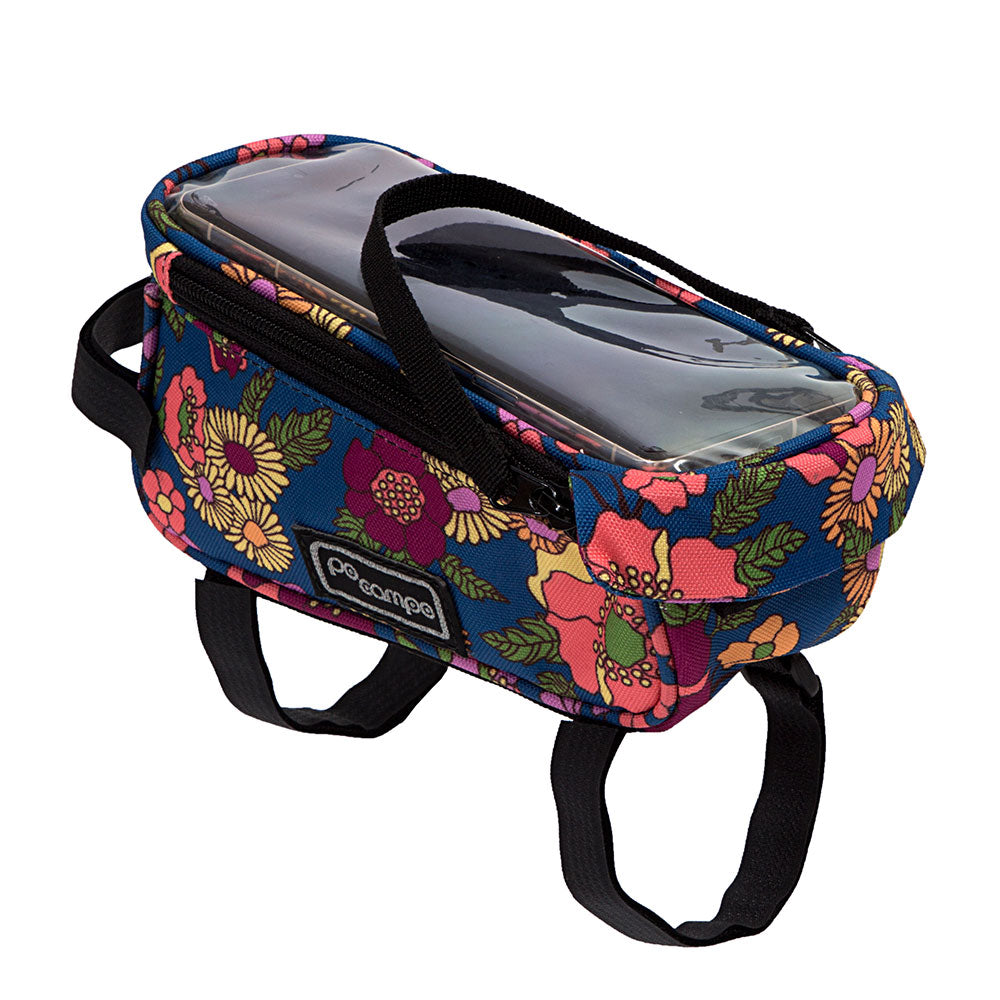 Floral-patterned bike frame phone bag with a smartphone inside on a white background