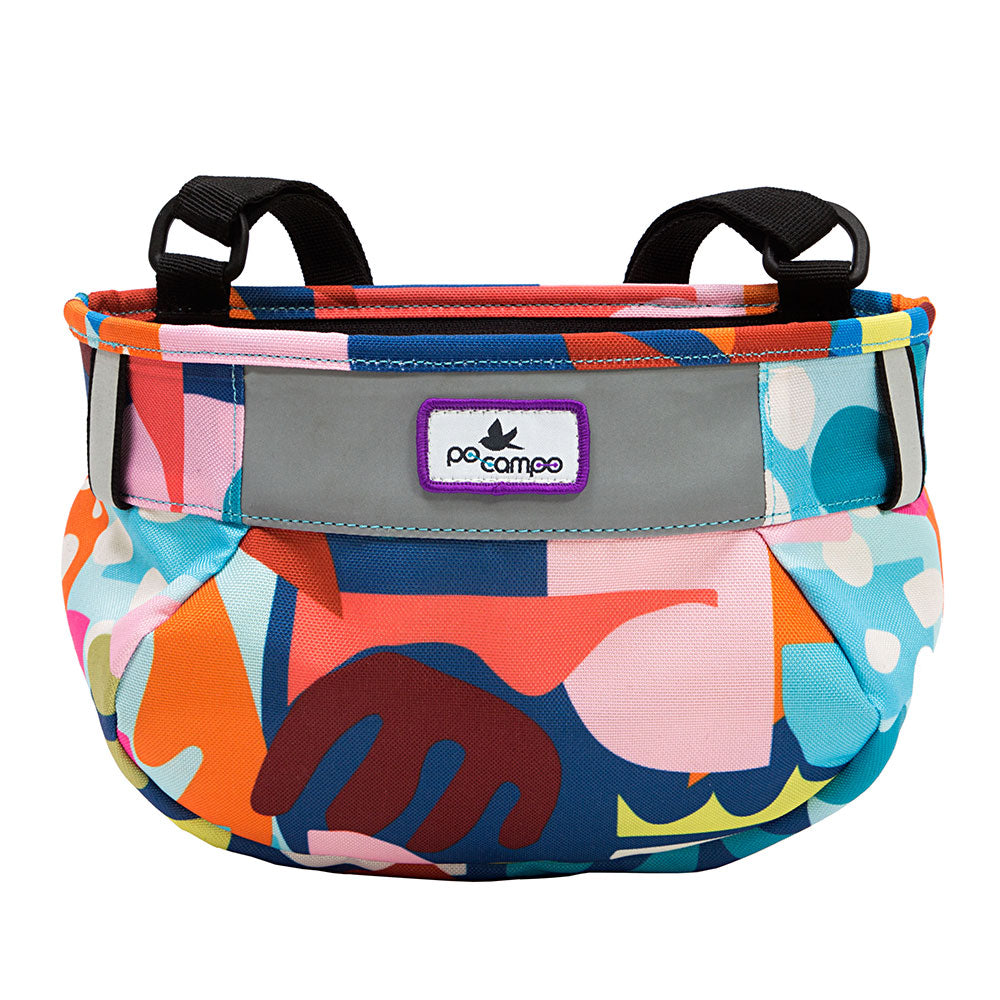 Colorful cycling bag with a visible brand logo on a white background