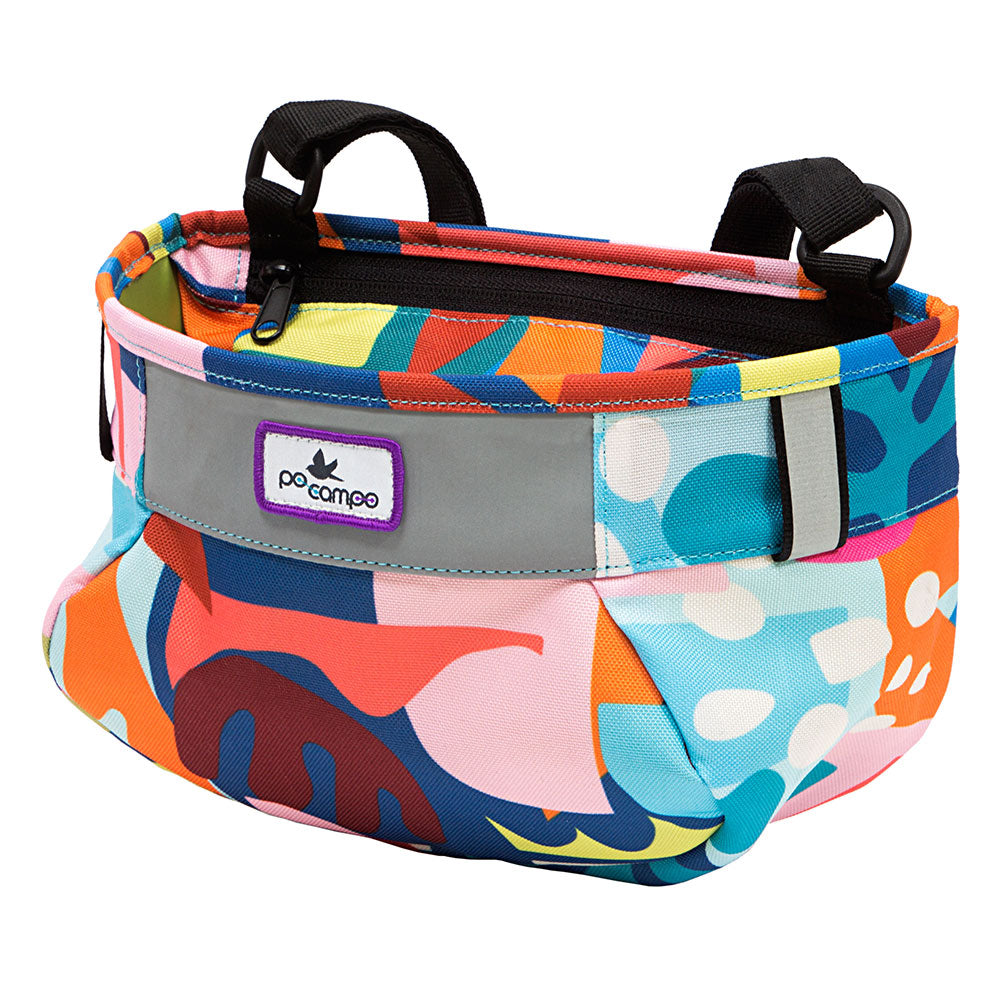 Colorful cycle bag with geometric pattern on a white background