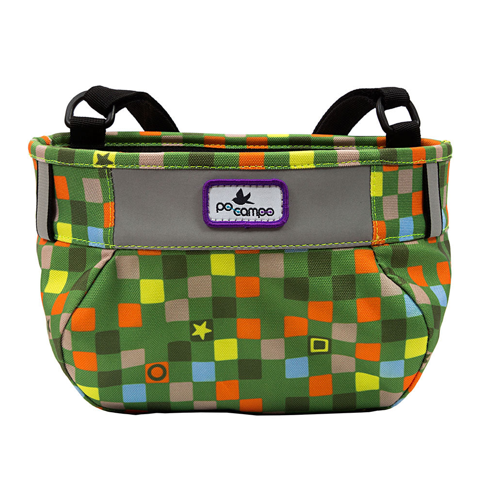 Colorful checkered bag with a Po Campo logo on a white background