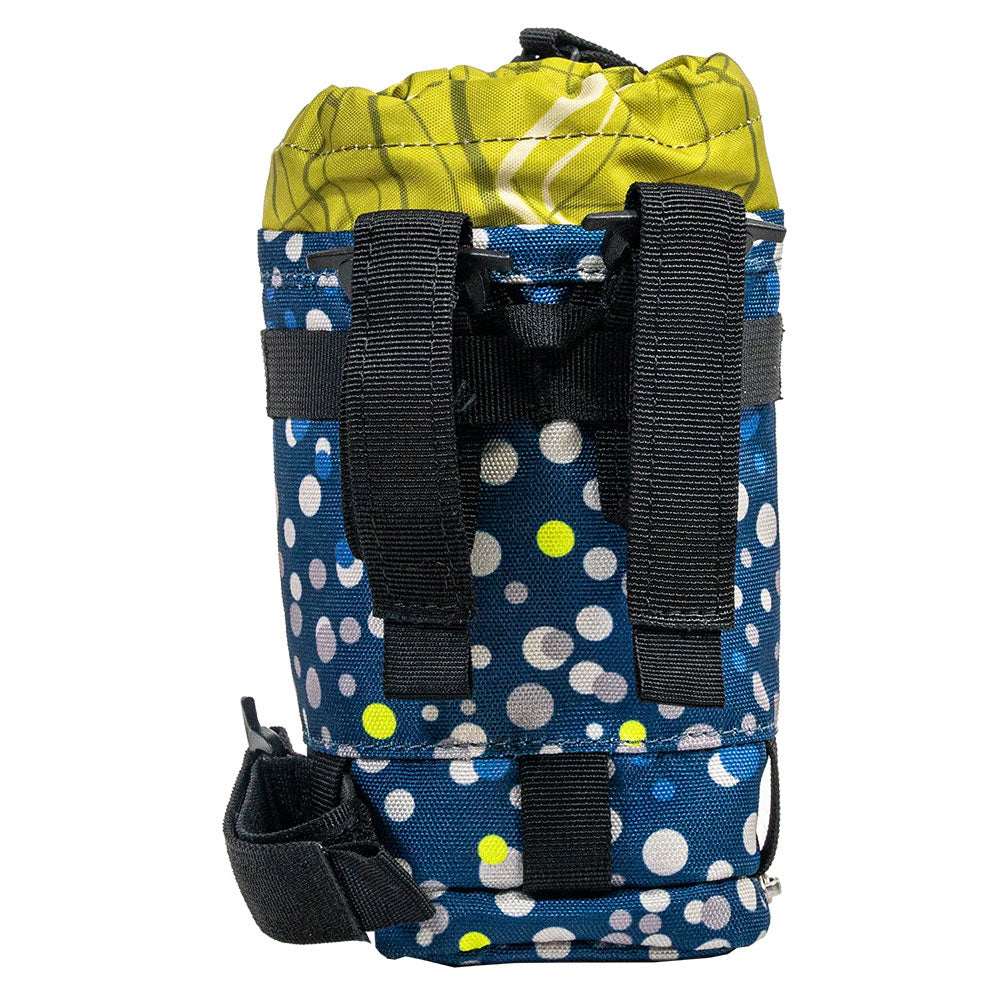 Multicolored patterned bike water bottle bag with black straps on a white background
