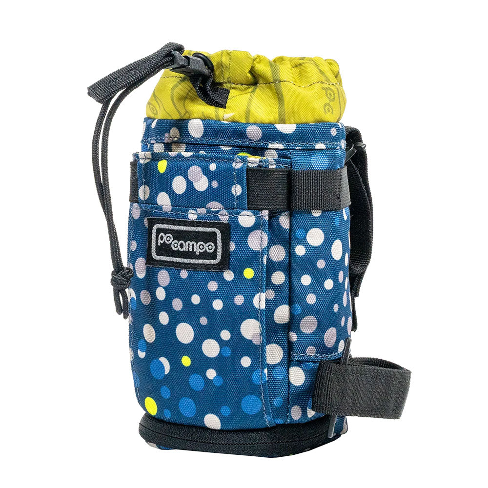Blue polka dot bike water bottle holder with yellow lining on a white background