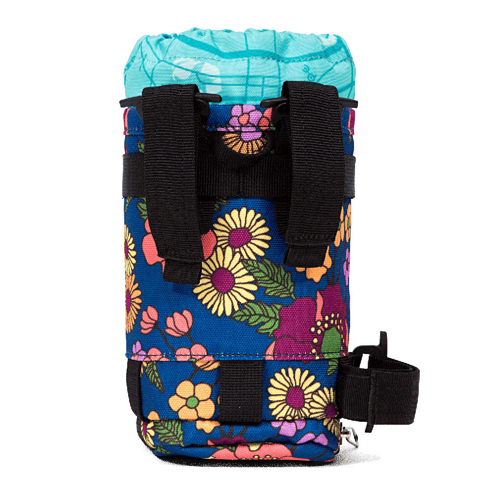 Floral-patterned bicycle water bag with black straps on a white background