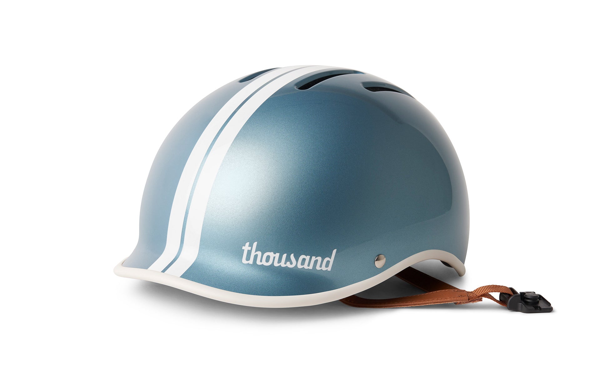 Blue helmet with white stripes and 'thousand' branding on a white background