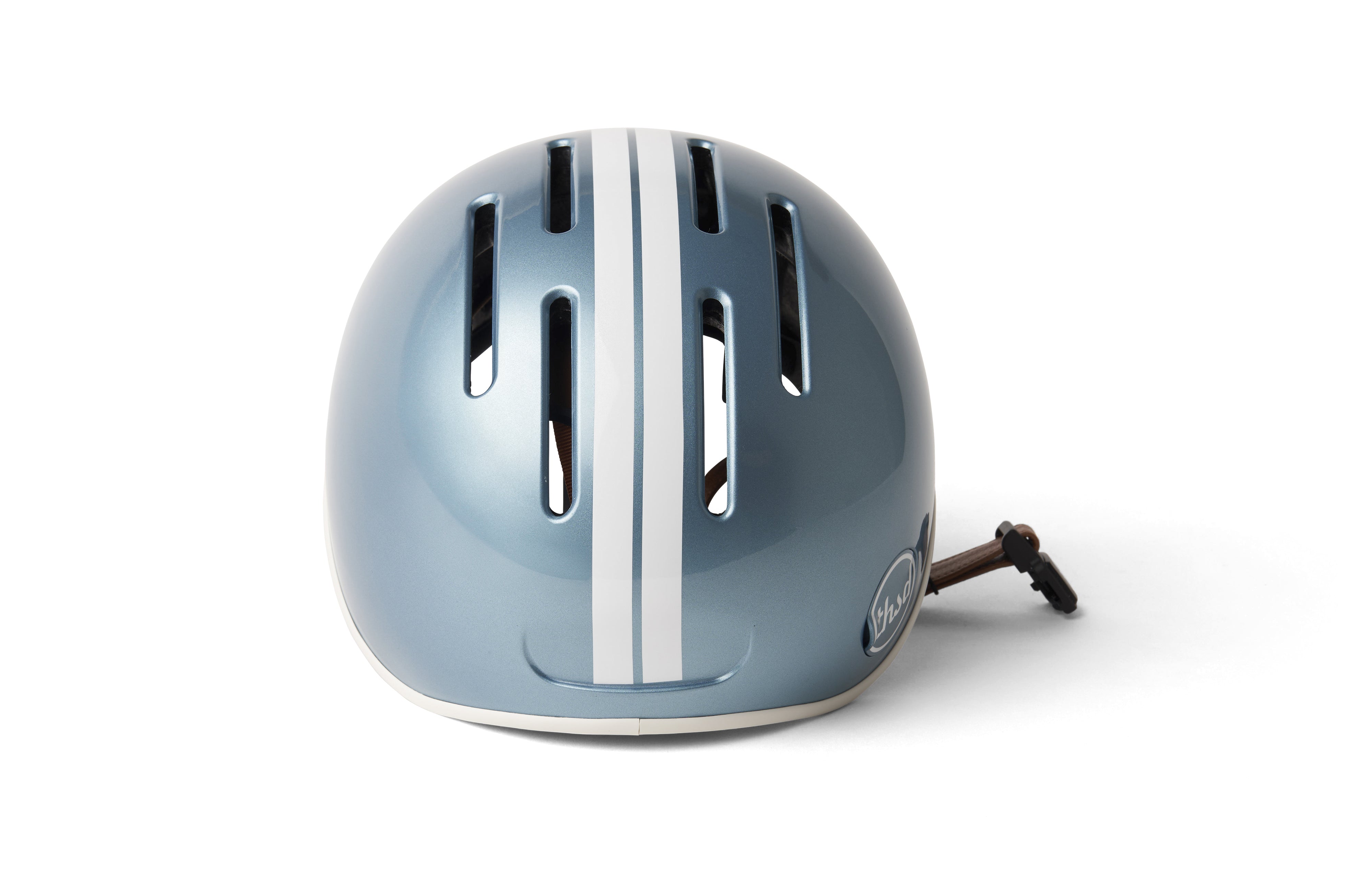Blue helmet with a white racing stripe on a white background