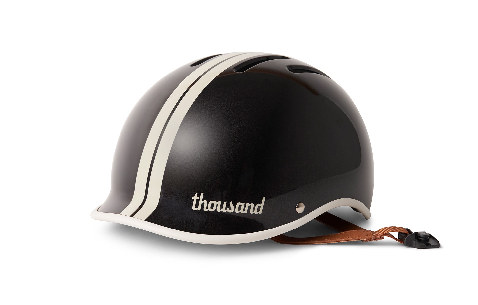 Black helmet with white stripes and 'thousand' branding on a white background