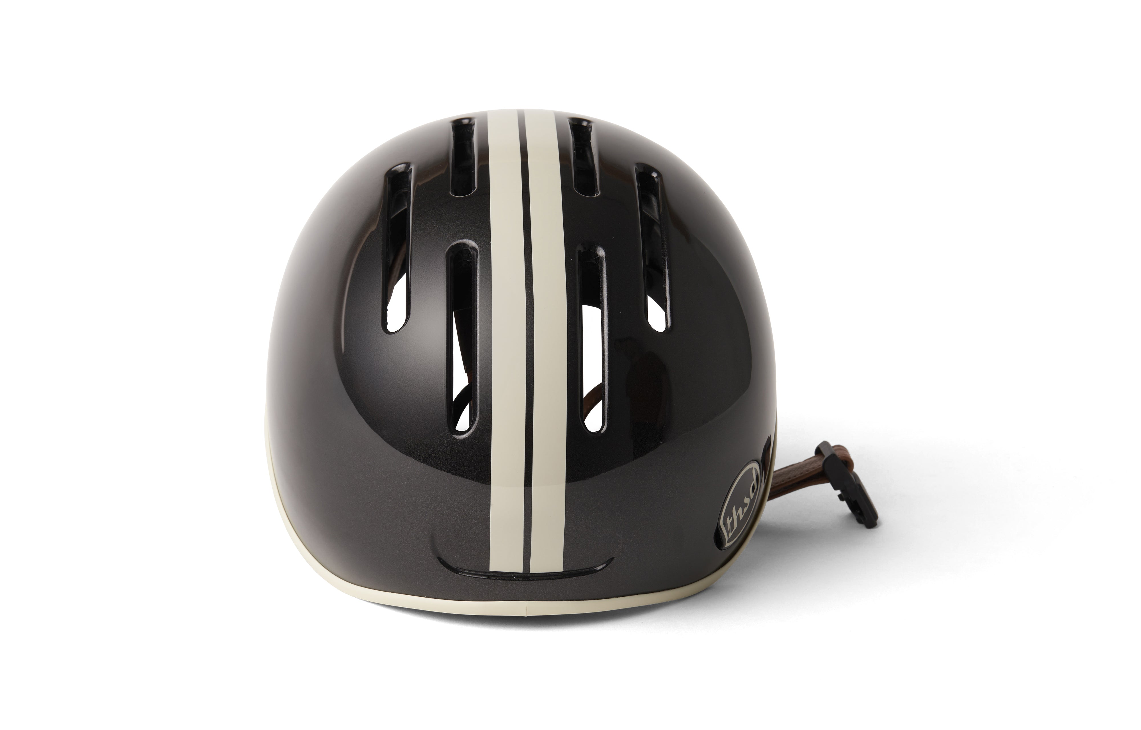 Black helmet with a white stripe on a white background