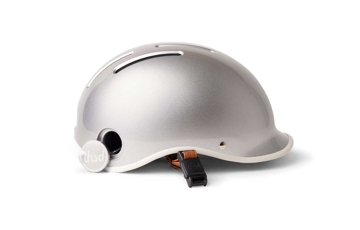 Silver helmet shows loophole for using a lock with helmet.