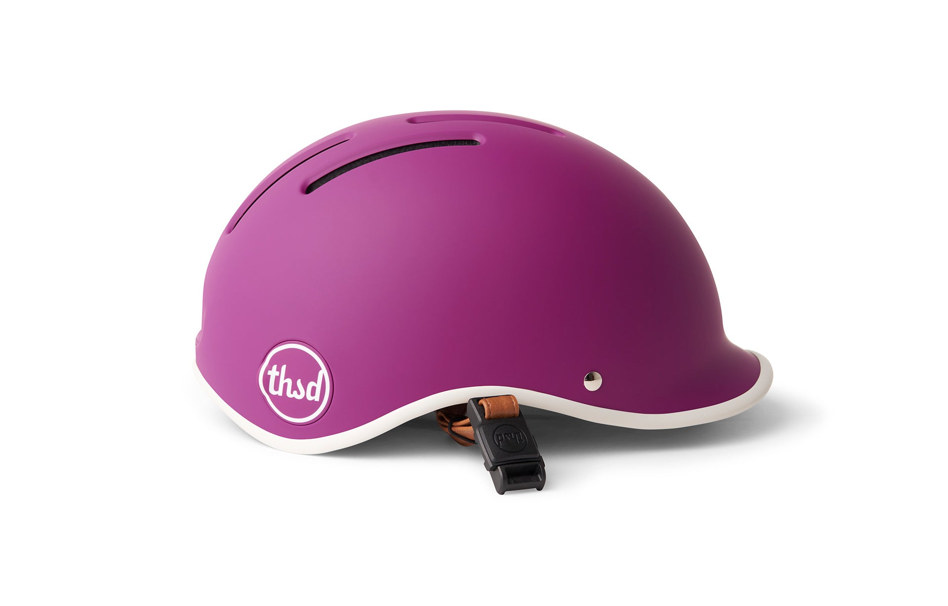 Purple helmet with a brand logo on a white background