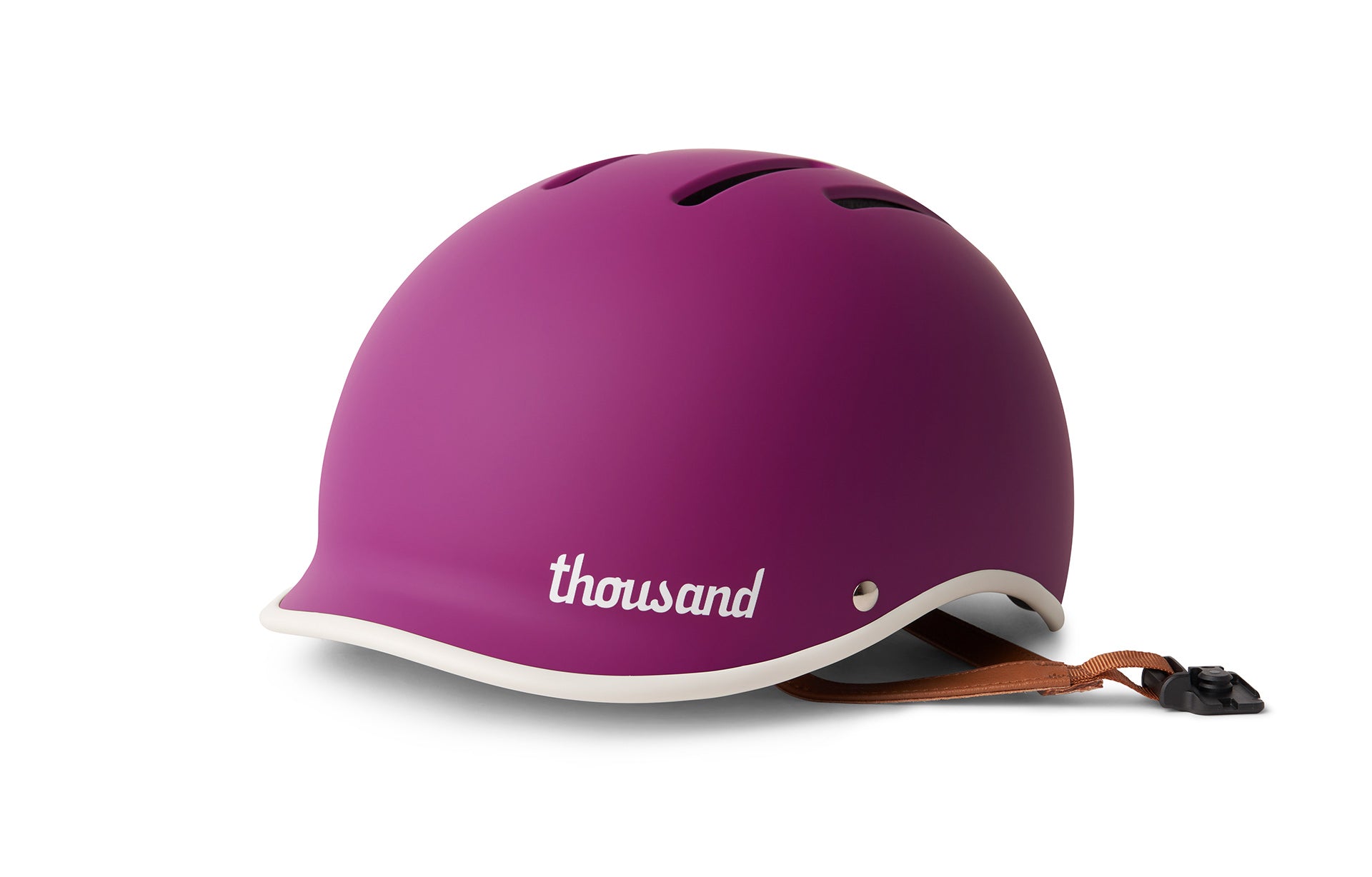 Purple helmet with 'thousand' logo on a white background