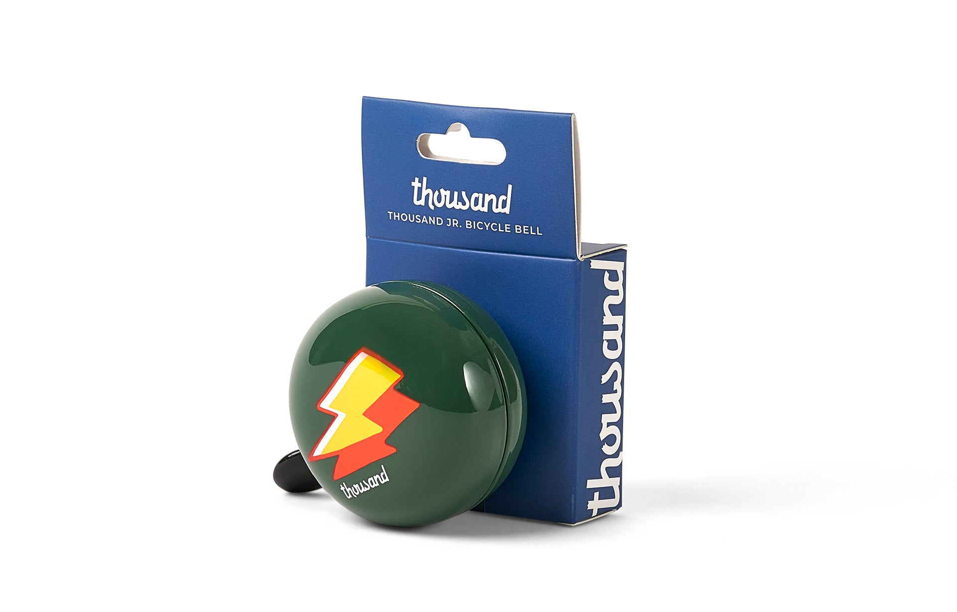 Green bicycle bell with lightning bolt design and 'thousand' branding on a white background