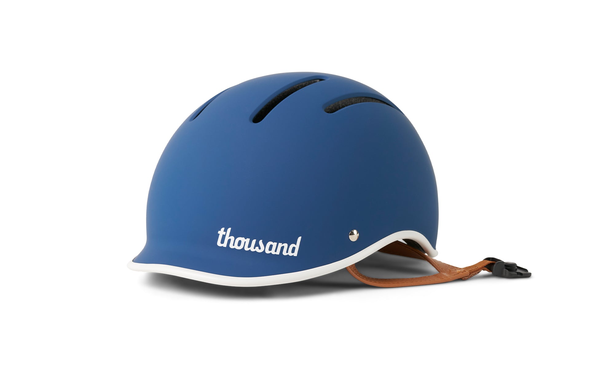 Blue helmet with 'thousand' branding on a white background