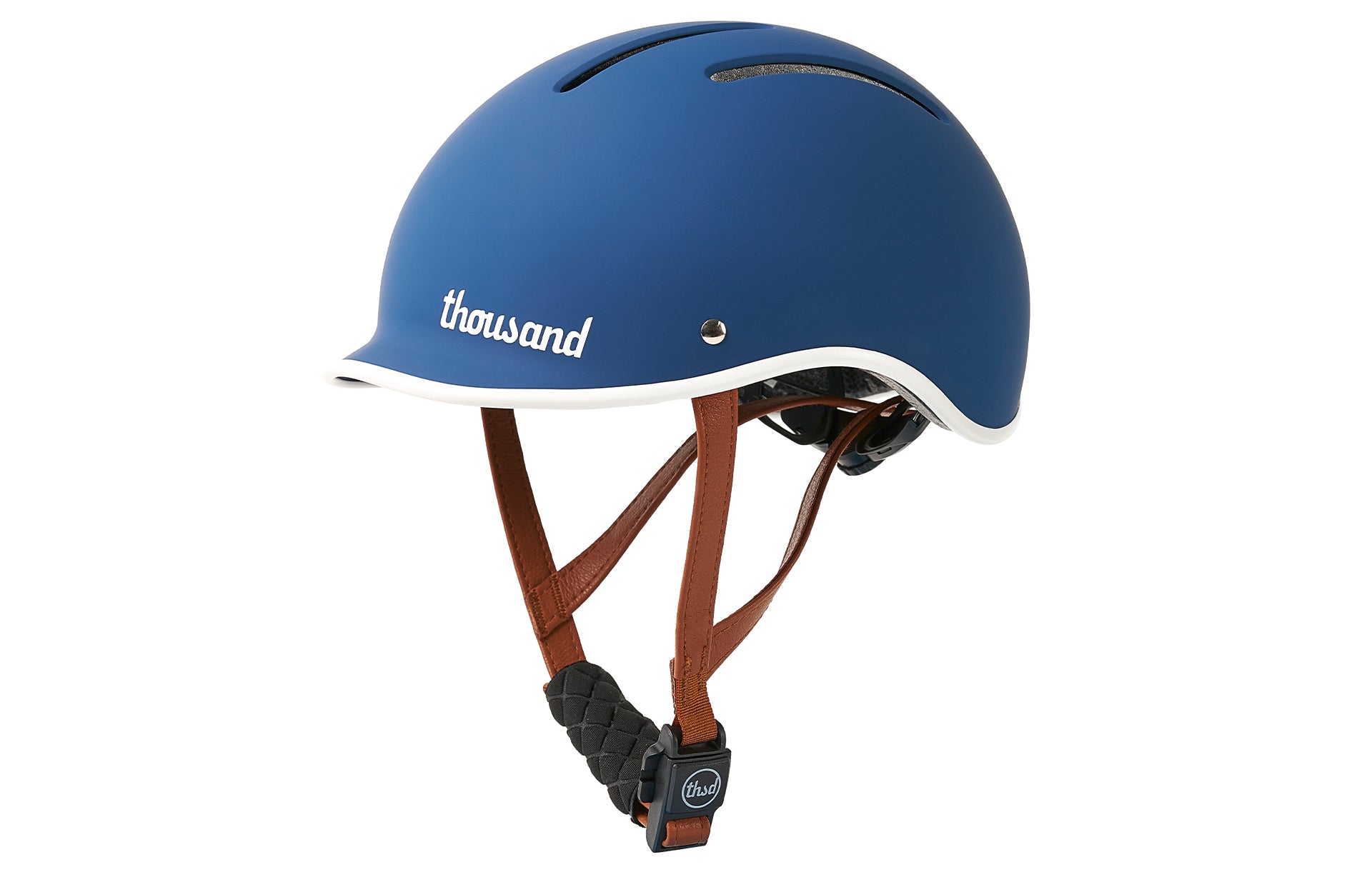Blue helmet with brown straps on a white background