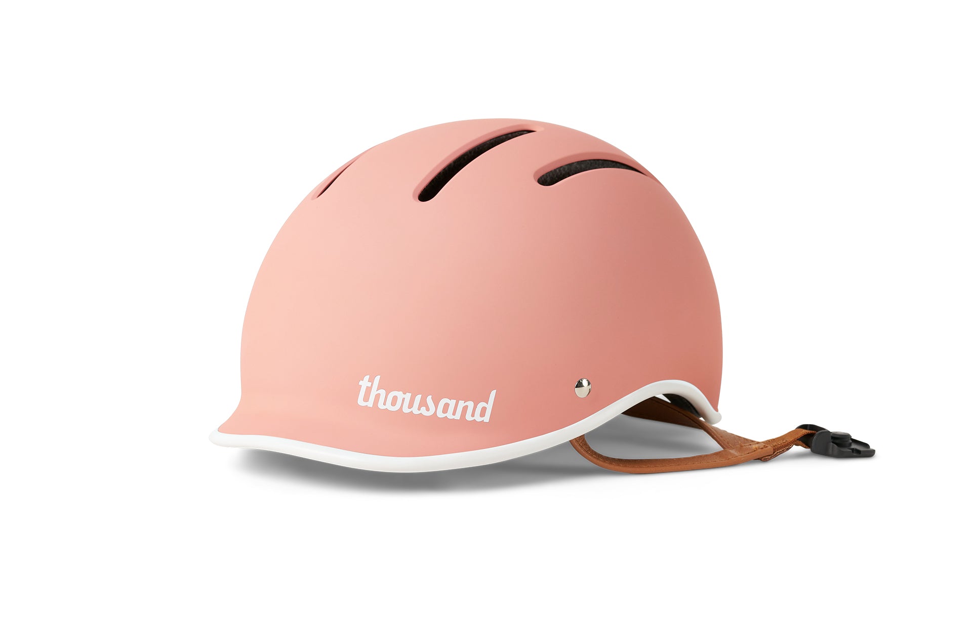 Pink helmet with 'thousand' logo on a white background