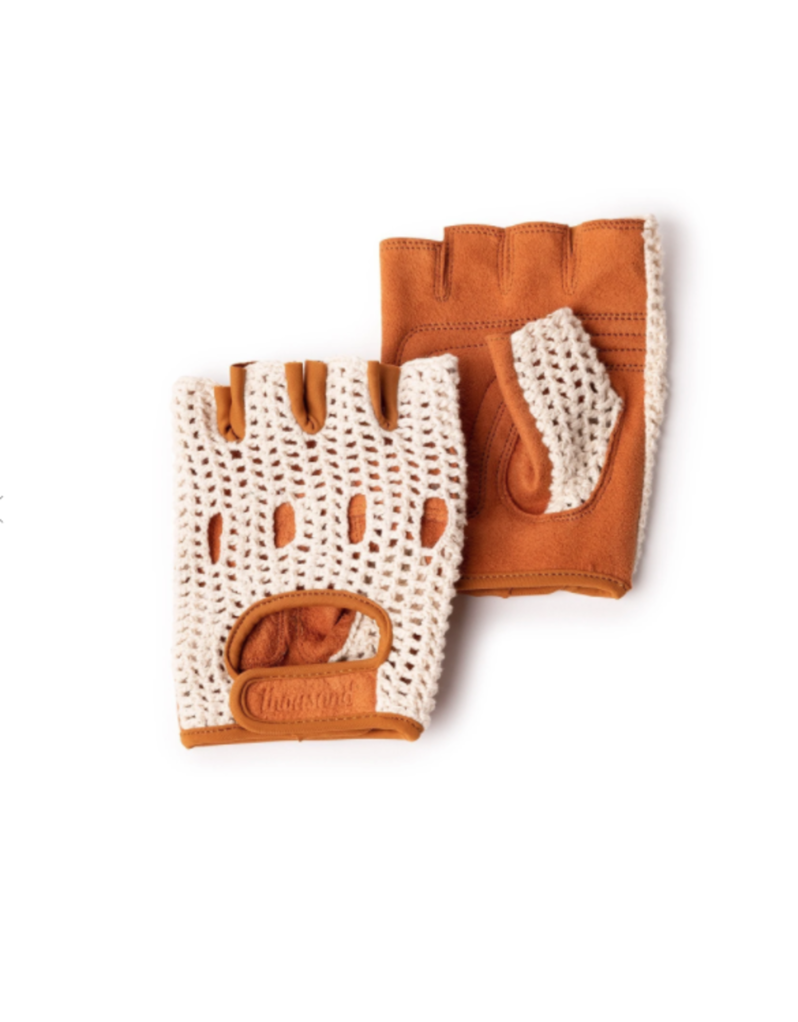 Pair of brown and white fingerless gloves on a white background