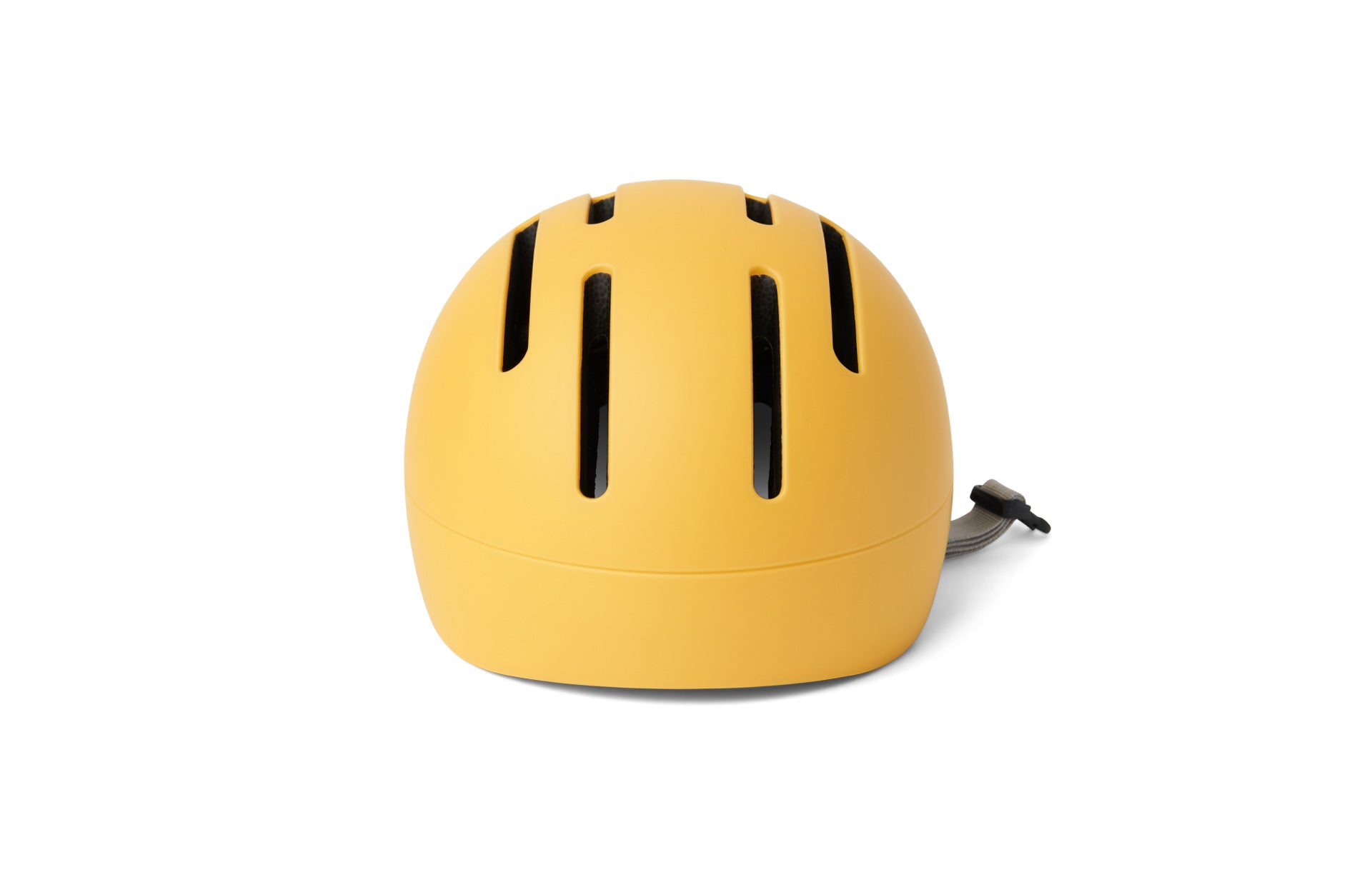 Yellow helmet with black straps on a white background
