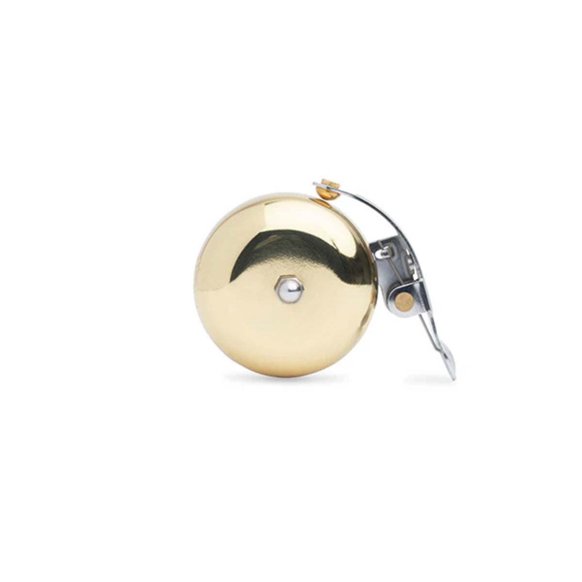 Brass bicycle bell with a gold background.