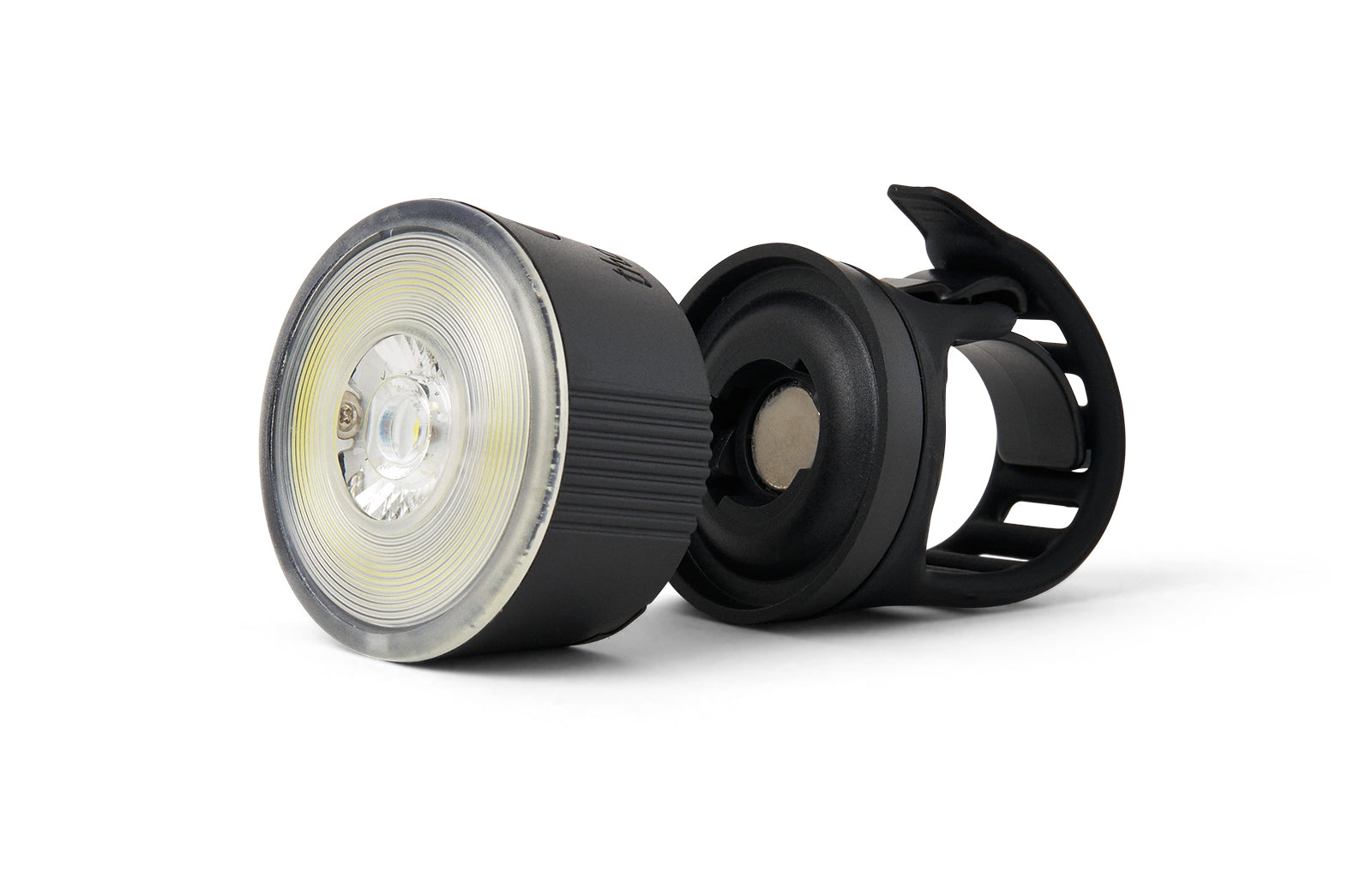 Black rechargeable bicycle light with a white background