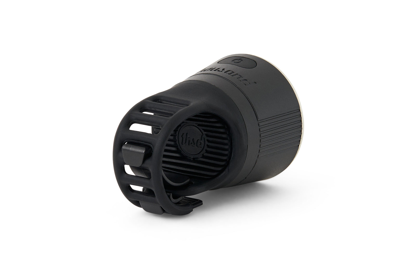 Black cylindrical bicycle light with detachable design on a white background