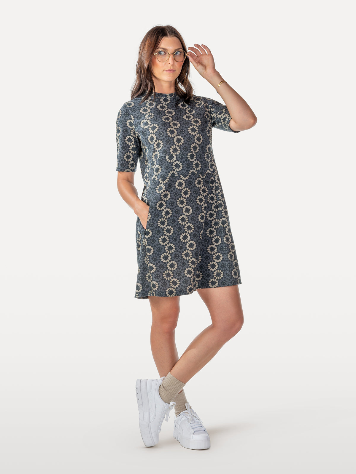 Daisy patterned cycling dress, dusty blue with front, back and side pockets